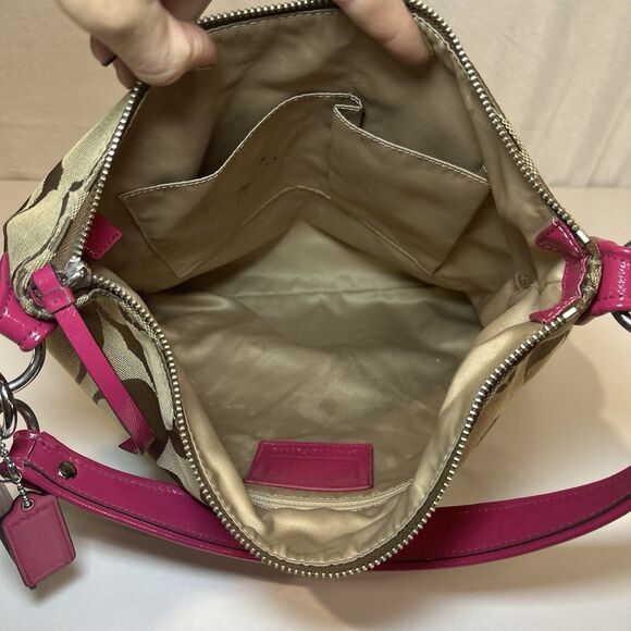 Coach Daisy Outline Signature shoulder bag Dark Tan Canvas Pink Leather pockets - Picture 10 of 13